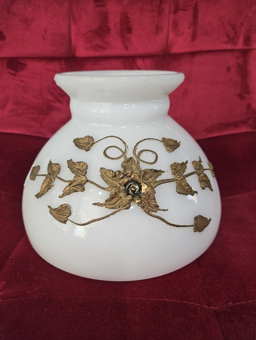 Vintage Carl Falkenstein Metal Embossed Milk Glass Lamp Shade